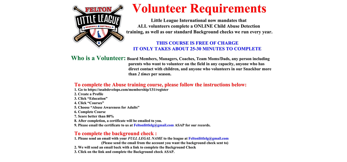 There are new Little League Volunteer requirements being implemented for this upcoming season!! 